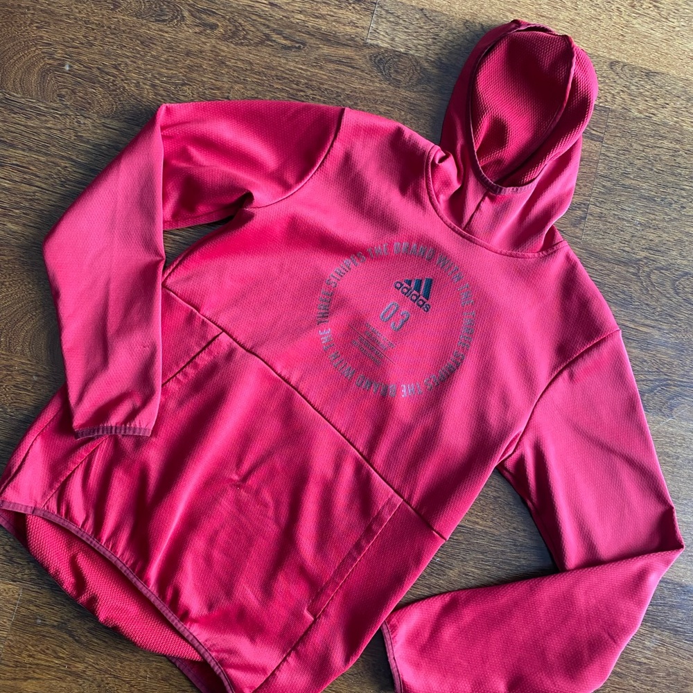 Adidas Mens Printed Red & Black Hoodie Athletic  Front Picket Jacket Climawarm